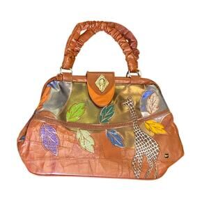 Vintage Leather Giraffe Embroidered Patchwork Metallic Embossed Purse FOSSIL?